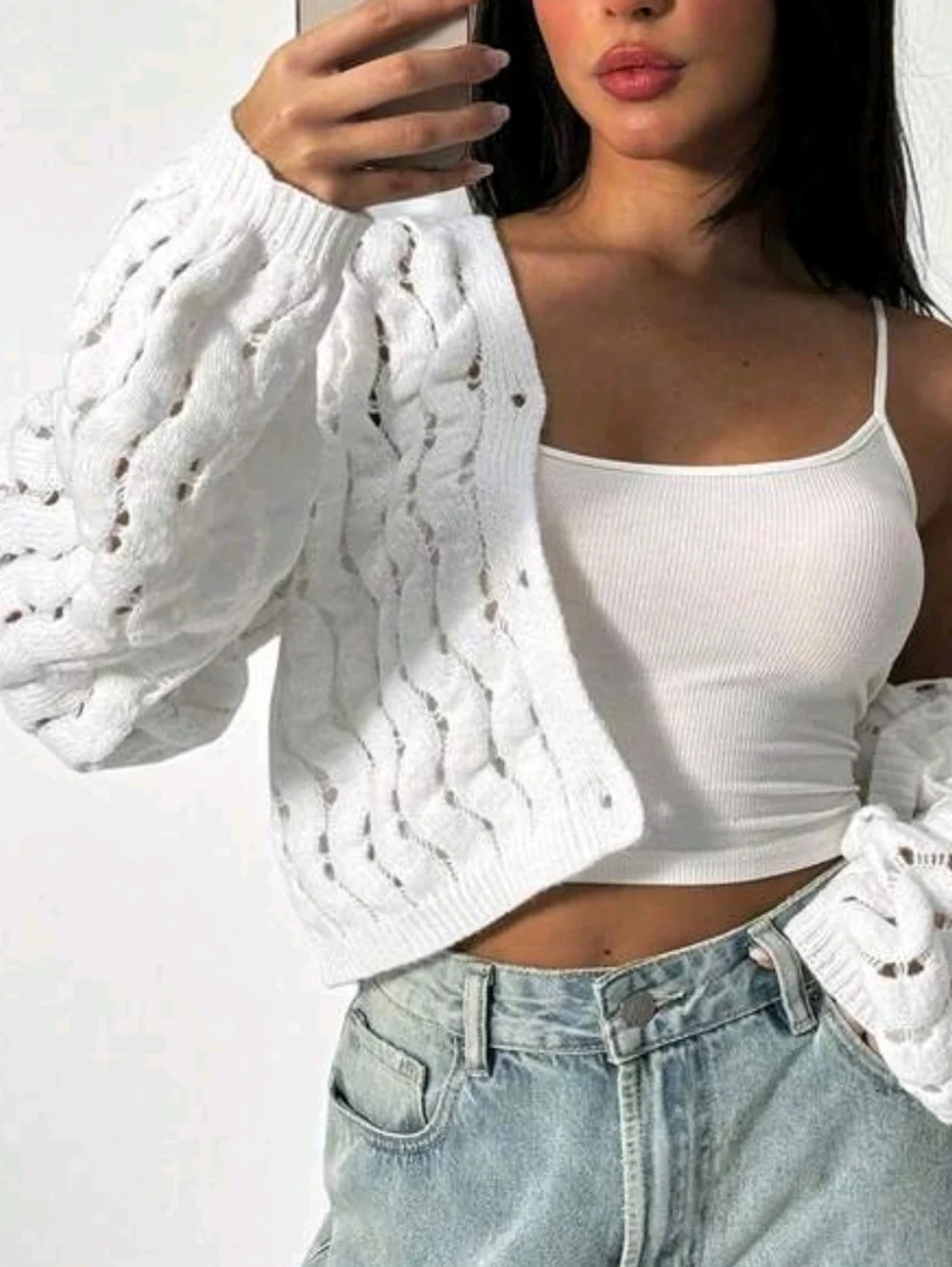 Chunky Open-Knit White Button Cardigan Sweater